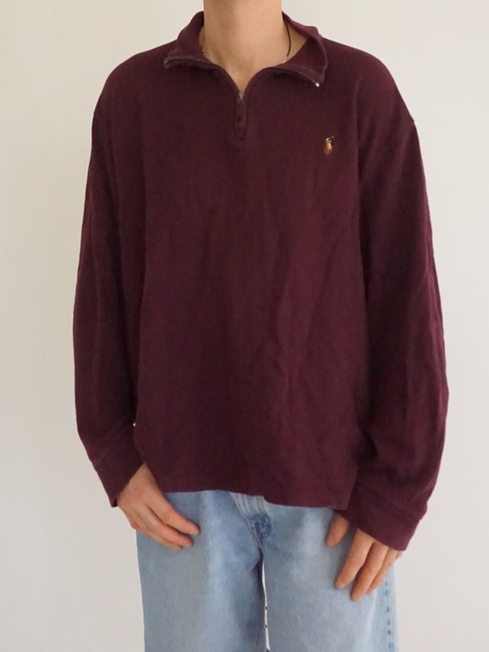 Vintage Polo Ralph Lauren Burgundy Estate Rib Knit Quarter Zip Preppy Sweater XL